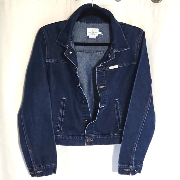 Calvin Klein Blue Denim Jean Button Up Jacket Metallic Stitching Women's Large - Picture 11 of 11